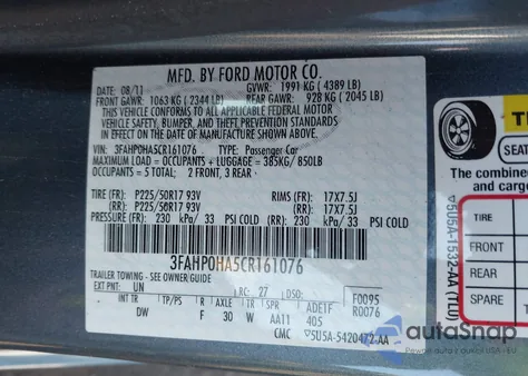 2012 Ford Fusion Se z USA, uszkodzony, nr VIN 3FAHP0HA5CR161076